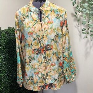 Soft Surroundings Floral Blouse with Blue and Orange Accents